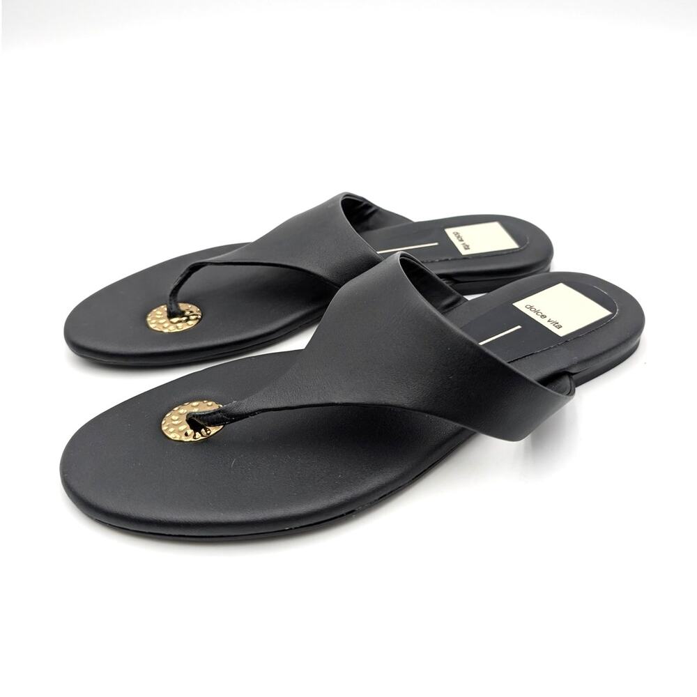 Dolce Vita Kittle Leather Flat Sandals Open Toe Women's Black Size US6 EU36.5